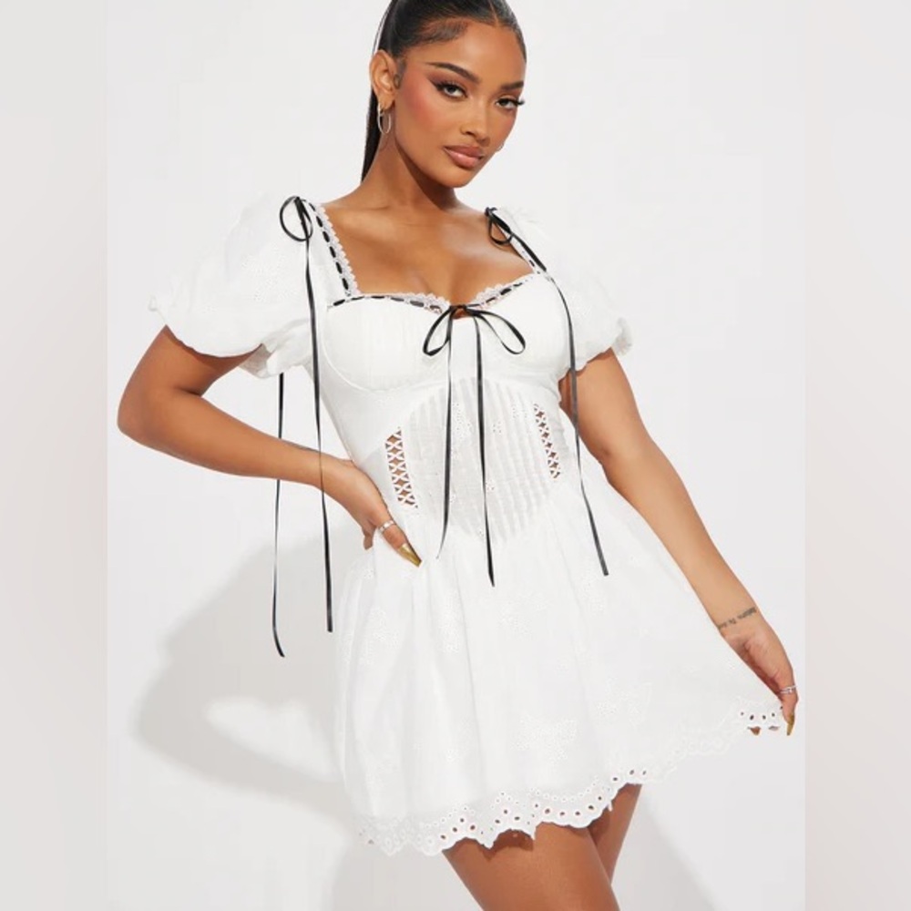 Fashion Nova White Mini Dress with Black Ties
